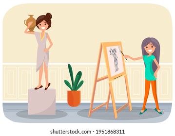 Girl smiles and draws with pencils and easel. Woman with vase stands on dais, posing for artist