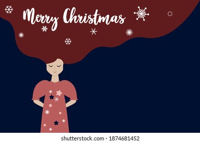 The girl smiles. Festive mood. New Year's card. Christmas. A young woman rejoices. Banner, background, vector
