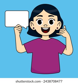 The girl smiles holding an empty white cloud and makes a gesture on the phone. Call me