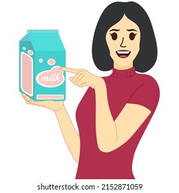 Niña sonríe y sostiene un cartón de leche en su mano. Una mujer señala su dedo a la leche con un fondo blanco. Concepto para el producto de la leche. Día mundial de la leche. Mejor ilustración del vector humano.