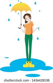 Girl smiles and laughs in the rain. the rain falls, the drops fall on his face and the girl is happy with Life