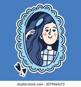 The girl smiles and
 looks in the mirror and combs her hair. Vector cartoon doodle flat sticker. Isolated on a blue background. Can be used as emoji or design for cosmetics.
