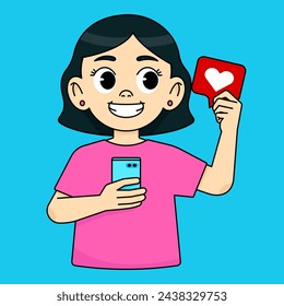 The girl smiles, looks to the right side to the like icon and holds the phone. Red icon and white heart. Like