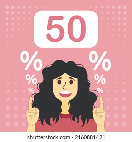 Girl smiles and points her finger at a fifty percent discount. Woman pointing 50% discount. Concept of Sale, Markdown of Goods, Black Friday. New Arrival, Sale and Special Offer. Vector Illustration.