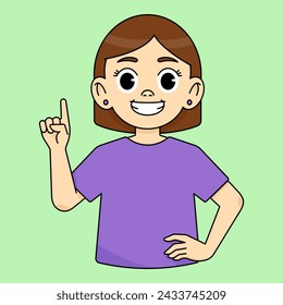 The girl smiles and points her finger up, considers herself to be the first