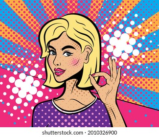 Girl smiles in pop art style. Background in comic style retro pop art. Illustration for print advertising and web.	