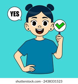 The girl smiles and says YES, holding a green checkmark. Consent sign