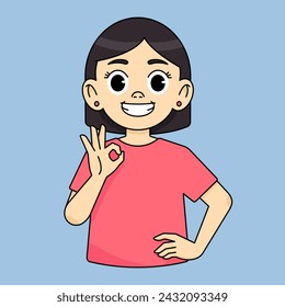 The girl smiles and shows an approving OK gesture and recommends something good
