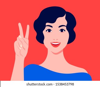 A girl smiles and shows a victory sign. Happy housewife. Beautiful woman face. Vector flat illustration