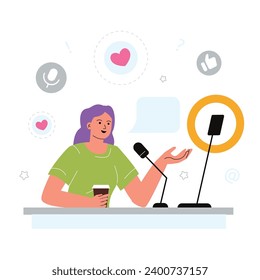 The girl smiles and speaks to the phone camera. Social media blogger, influencer, creator of popular content.