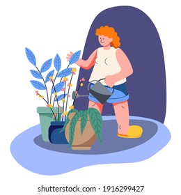 The girl smiles and watering houseplants in pots. Indoor hobby.  Minimalistic flat style cute illustration. Isolated