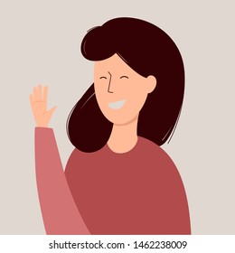 Girl smiles and waves hand.  Flat cartoon vector illustration