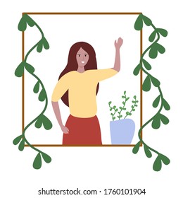 
A girl smiles in a window with plants, waves her hand, in cartoon style on a white background. Summer green garden at home. Girl with beautiful hair. Interior background. Flat vector illustration 