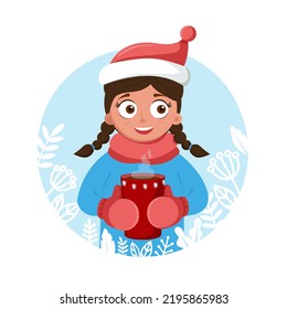 Girl is smiling, drinking tea or coffee from mug in fresh air. Young girl in winter holds cup in her hands. Beautiful winter background. Character in winter warm clothes. Vector cartoon illustration