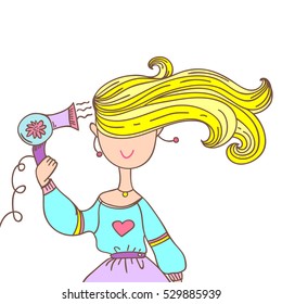 girl smiling with hairdryer dries her hair. vector illustration