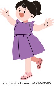 A girl smiling happily. She is wearing a purple dress.