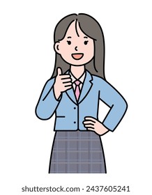 The girl is smiling with her thumb up.