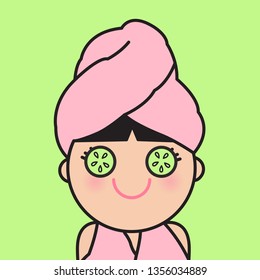 Girl Smiling Hiding Eyes Behind Cucumber Slices. Concept Of Beauty And Self Care Card Character illustration