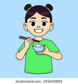 Girl smiling, holding a bowl of rice and chopsticks, eating
