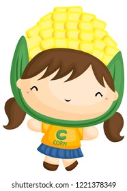 a girl smiling inside a corn costume