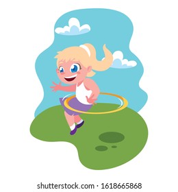 girl smiling and playing with hula hoop vector illustration design