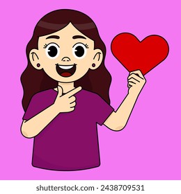 Girl smiling, pointing and holding red heart icon