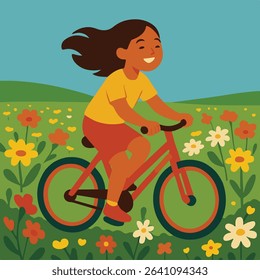 Girl Smiling Rides Bike Through Flower Meadow, Flat Illustration