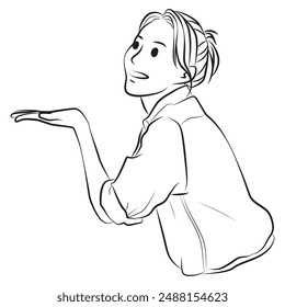 girl smiling shows something pose line art cartoon illustration