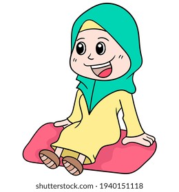 a girl is smiling sweetly and happily wearing a Muslim hijab, vector illustration art. doodle icon image kawaii.