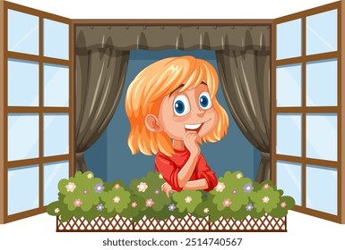 A girl smiling through an open window