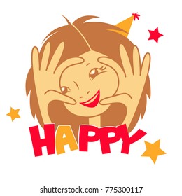 The girl is smiling. Vector graphics. Festive illustration. The head of a child and the word happy