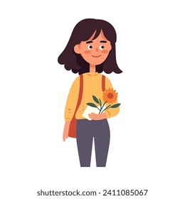 A girl is smiling while holding a sunflower in a simple vector illustration.