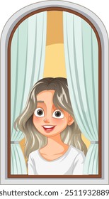 A girl smiling while looking through a window