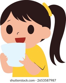 Girl smiling while sipping from cup, excellent for daily habits content, drinking water campaigns, or school hydration programs.