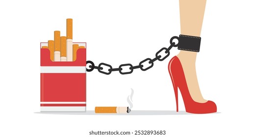 Girl smokes. Woman leg in handcuffs chained to big pack of cigarettes. Nicotine addiction, harmful habit, health hazard. Quit smoking. No smoke, concept. Social issues. flat vector illustration