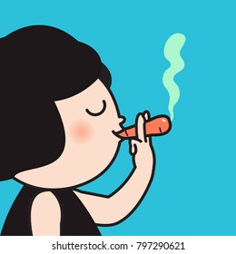 Girl Smoking Carrot. Concept Of Consuming Healthier Food Rather Than Smoking Cigarette Campaign Card Character illustration