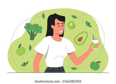 Girl with smoothie. Woman with natural cocktail of vegetables and fruits. Healthy lifestyle, vitamins and vegetarian diet. Trace elements for active lifestyle. Cartoon flat vector illustration