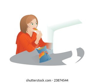 Girl snacks in front of the computer and surfs