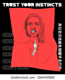 girl with snake illustration for creative designs. translate: "how to control your instict"