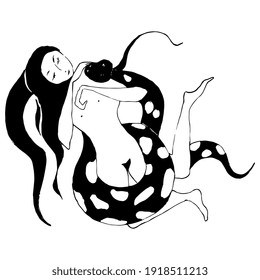 Girl with a snake. Young pretty woman with long loose dark hair and spotted serpent. Female archetype of Eve. Black and white silhouette. Hand drawn sketch.