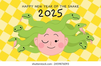 Girl with snakes hair medusa new year card 2025. Chinese new year 2025 greeting card with cute Medusa funny cartoon.