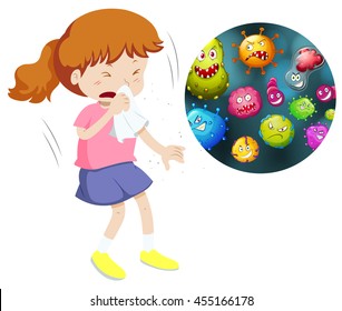 Girl Sneeze And Cough From Having Germs Illustration