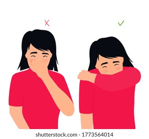 Girl sneezes and coughs right and wrong. The symptoms of colds and flu. Respiratory disease. Runny nose in a child.