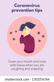 Girl is sneezing and covering her face. Coronavirus prevention tips poster with text cover you mouth and nose when you're coughing. Health care concept. Flat style vector illustration with virus icons