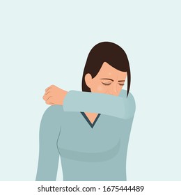 Girl Sneezing In Elbow Coughing As Allergy From Air Pollution Tuck Her Elbow And Arm To Cover Her Mouth To Reduce The Number Of Virus Germs To Spread From Cough When Sick Vector Illustration 