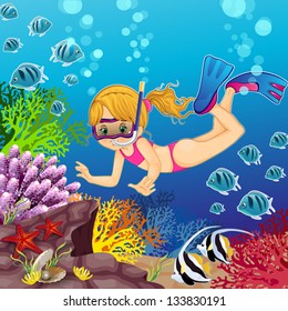 Girl snorkeling on the seabed-transparency and blending effects  gradient mesh-EPS 10