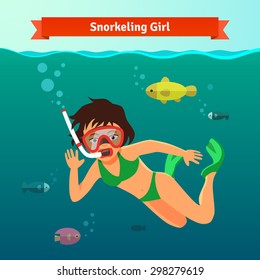 Girl snorkelling in the sea with fishes. Diving woman with fins snorkel and mask. Flat style vector illustration.