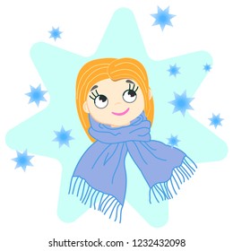 Girl and snow. Character. Icon. Vectronic winter illustration.