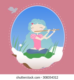 Girl in the snow with a flute and snowdrops. Vector illustration can be used to clip the weather, season, child.