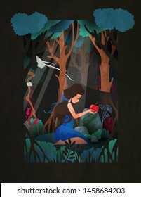 Girl in Snow White costume sitting in front of forest with red apple. Fairy tale vector illustration